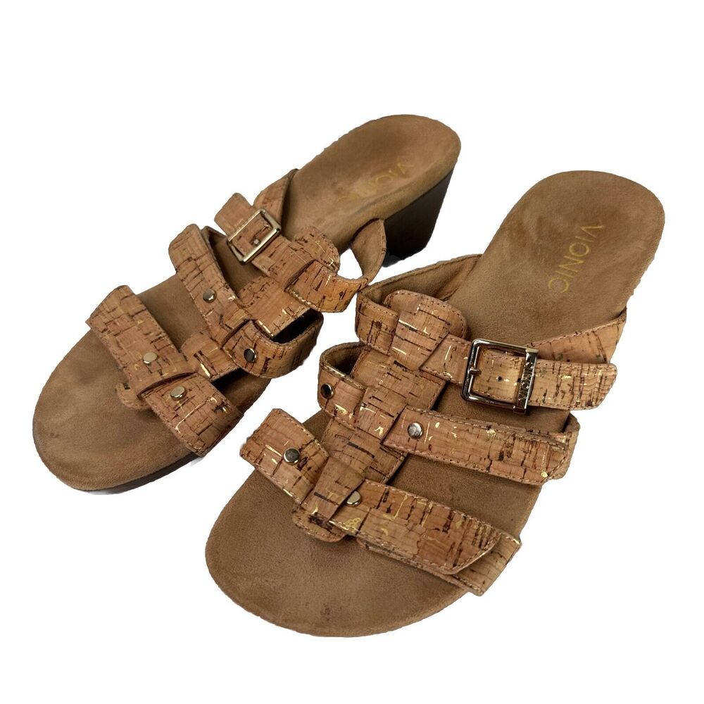 Vionic Womens Beige Cork 2in Wedge Sandals Buckle Strap Slide Heels Size 6